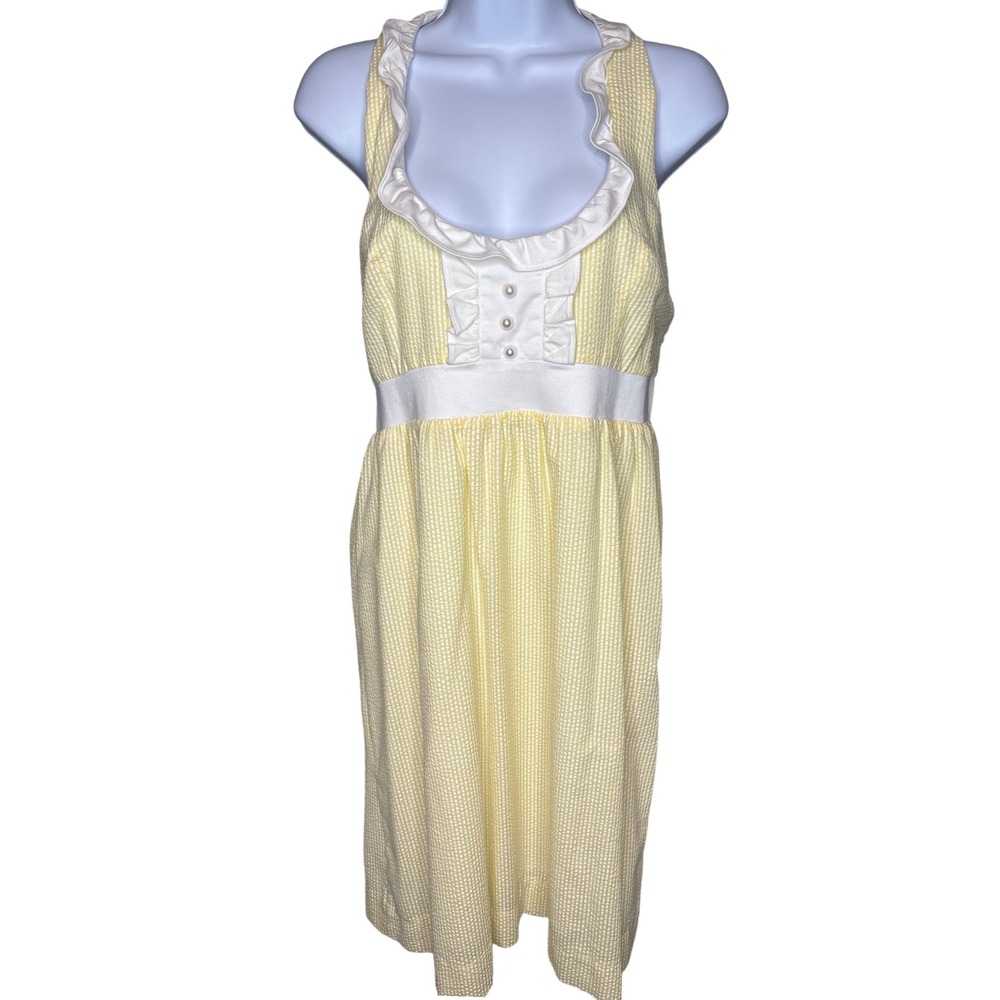 Molly B Womens Yellow Seersucker Dress Sz 10 Pearl Button Cottagecore Nautical